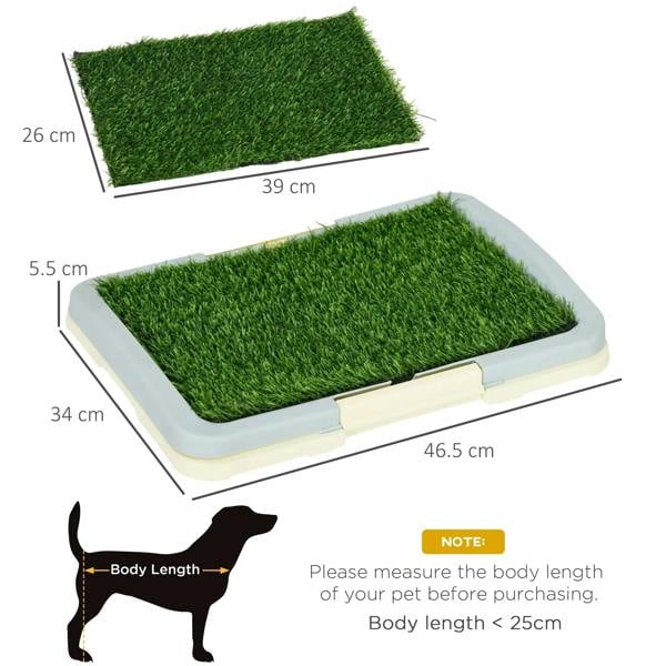 Artificial grass puppy training pad with labeled dimensions and gray tray sides