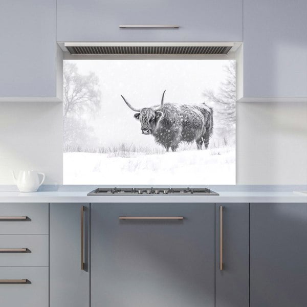 Warren Reed - Designer Snowy Black And White Highland Cow Kitchen Splashback