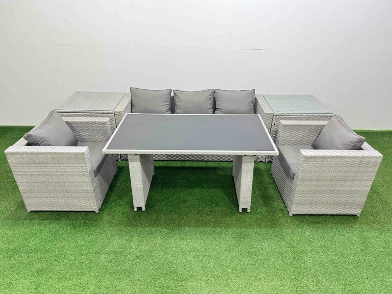 Fimous Patio Garden Furniture Sets with Black Glass Top Dining Table Armchair 3 Seater Sofa 2 Side Tables Light Grey