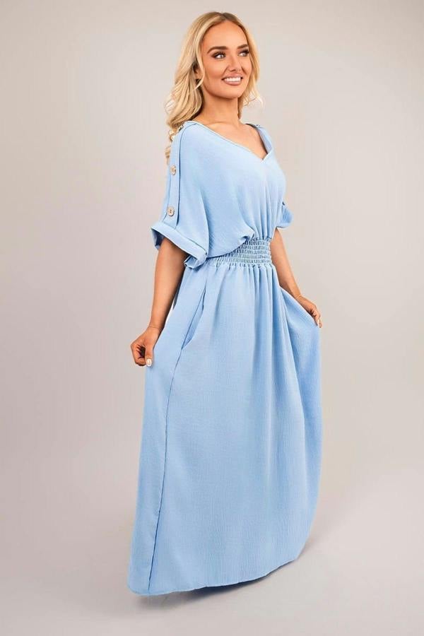 Zamara V Neck Short Sleeve Maxi Dress With Button Detail - Sky Blue