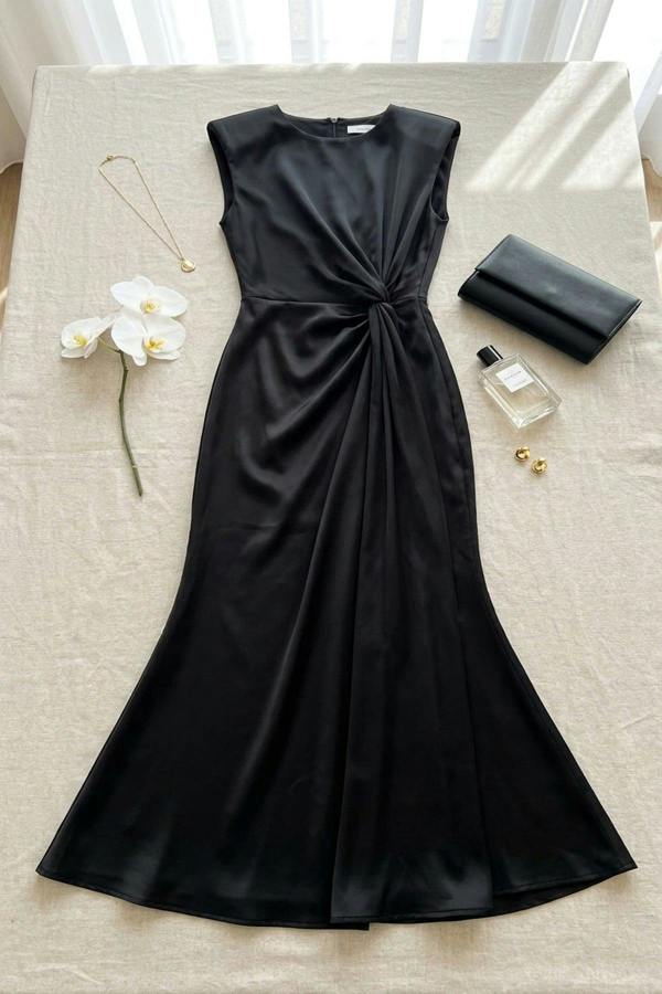 Nadia Sleeveless Gathered Maxi Dress With Drape - Black
