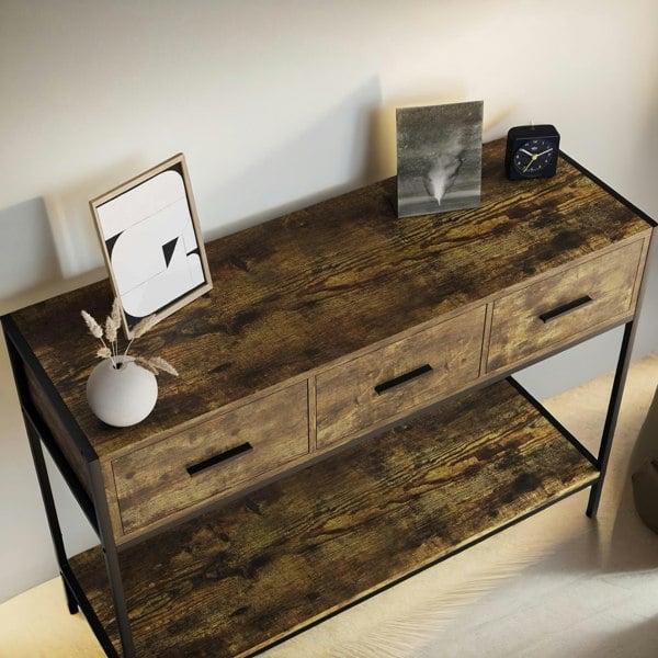 Rafaelo Mobilia 3 Drawer Industrial Console Table Dark Wood