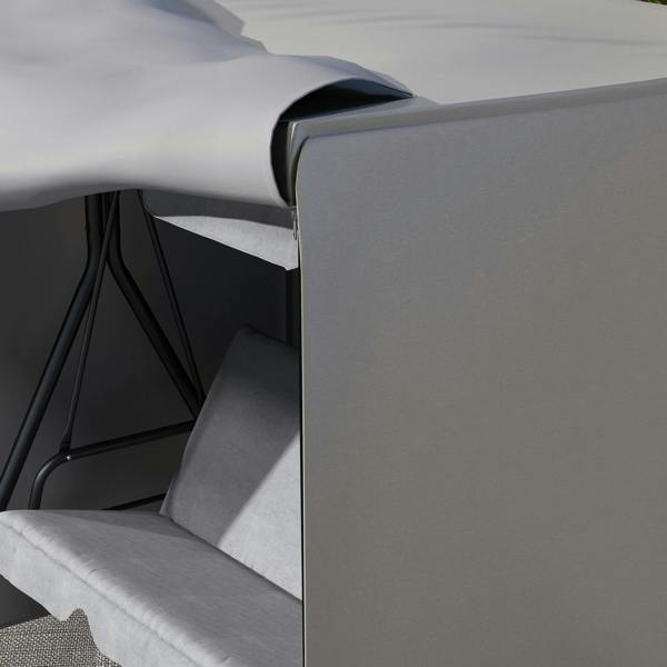 Light grey swing chair cover edge and top fold close-up