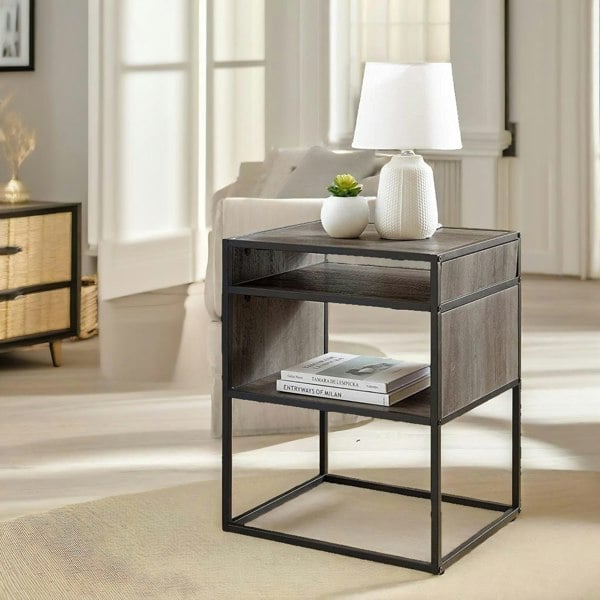 Rafaelo Mobilia Industrial Square Side Table With Open Storage Grey Walnut