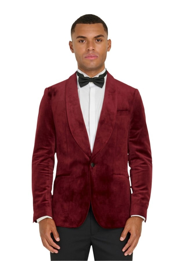 Harry Brown London Leo Velvet Tuxedo Dinner Jacket with Shawl Lapel Detail in Burgundy