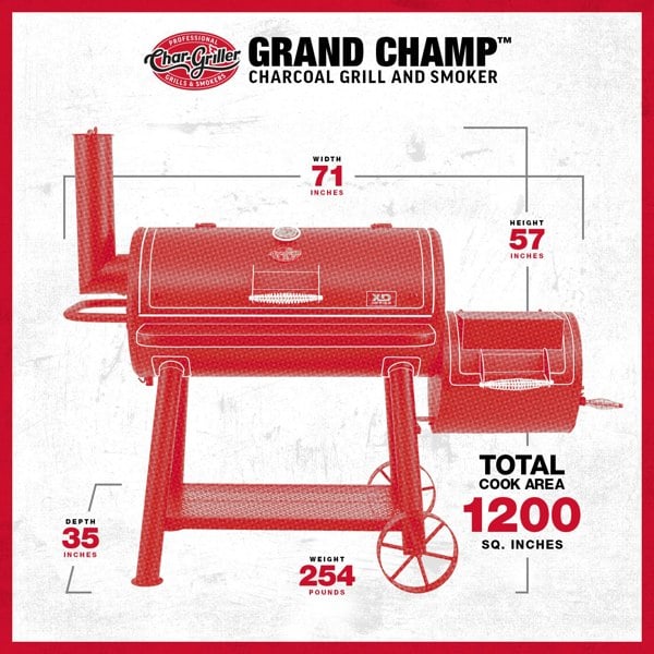 Char-Griller® Grand Champ™ Offset Smoker & Grill - 1200 sq in Heavy-Duty BBQ Smoker