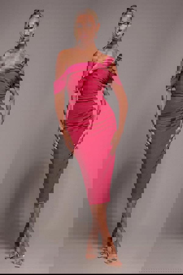 One Shoulder Satin Band Bodycon Midi Dress - Magenta DR3483