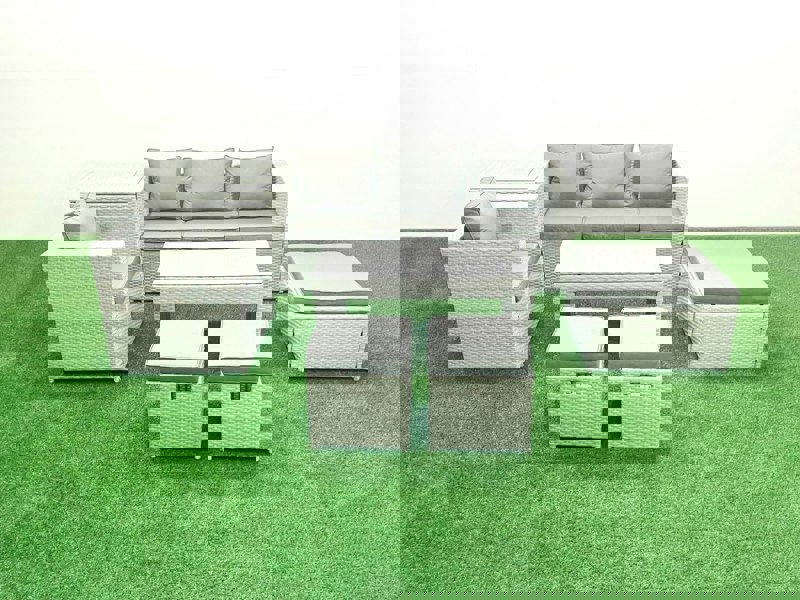 Fimous Rattan Garden Furniture Set Outdoor Lounger Sofa with Coffee Table 3 Footstools Side Table Light Grey Mixed