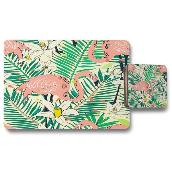 Benjamin Tate Design Abstract Flamingos with palm leaves (Placemat & Coaster Set)