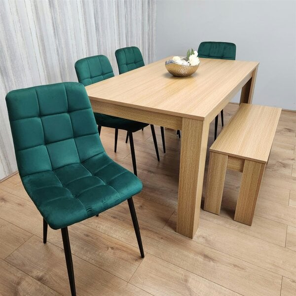 Kosy Koala Wooden Dining Table Set for 6 Oak Effect Table With 4 Green Velvet Chairs and 1 Bench