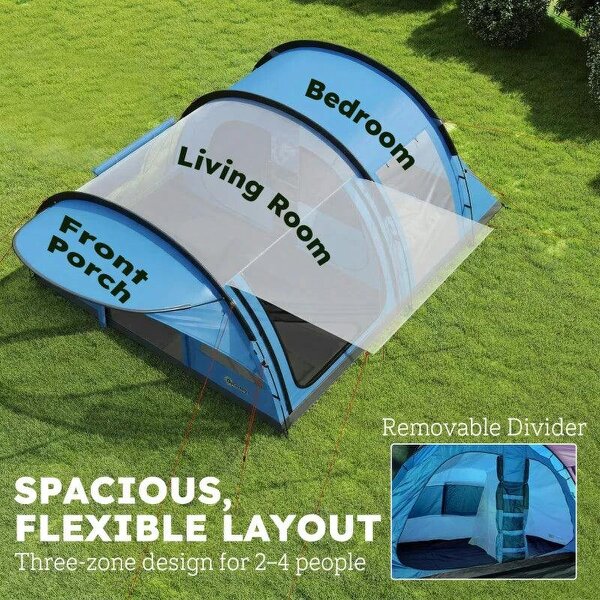 4 Person Easy Setup Family Camping Tent with 2 Rooms, Waterproof Tunnel Tent w/ Sewn In Groundsheet, Sky Blue & Grey