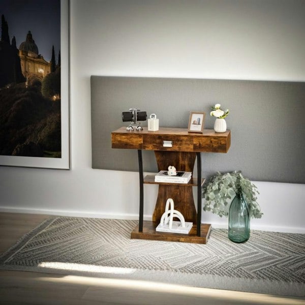 Modcraft Rustic Wooden T-Shaped Console Table with Drawer