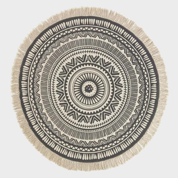 HOMESCAPES Black & White 100% Cotton Mandala Printed Round Rug