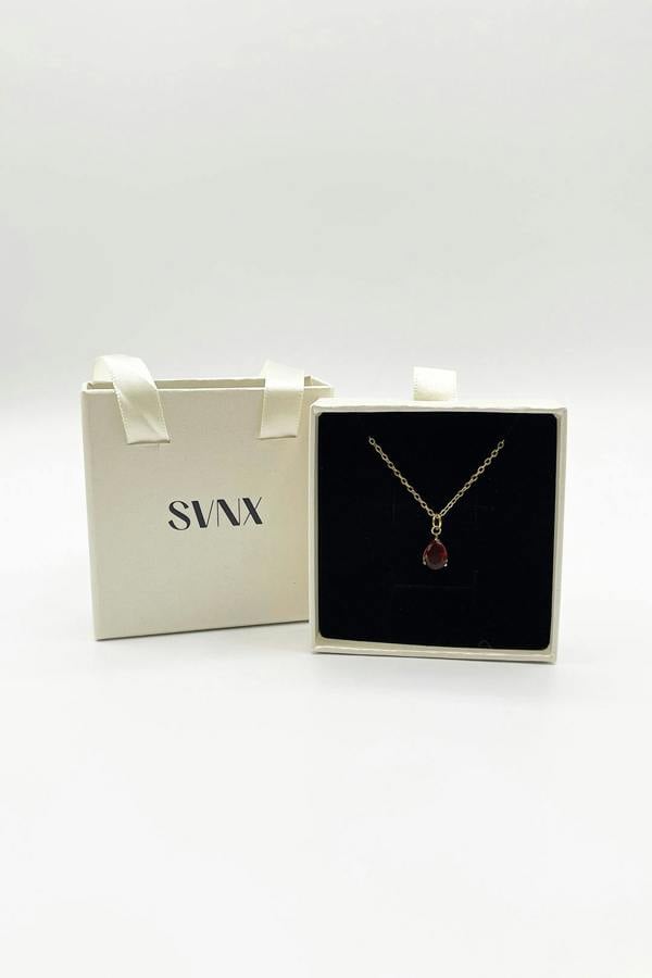 SVNX Rhinestone Teardrop Pendant Necklace in Red - Gift Boxed