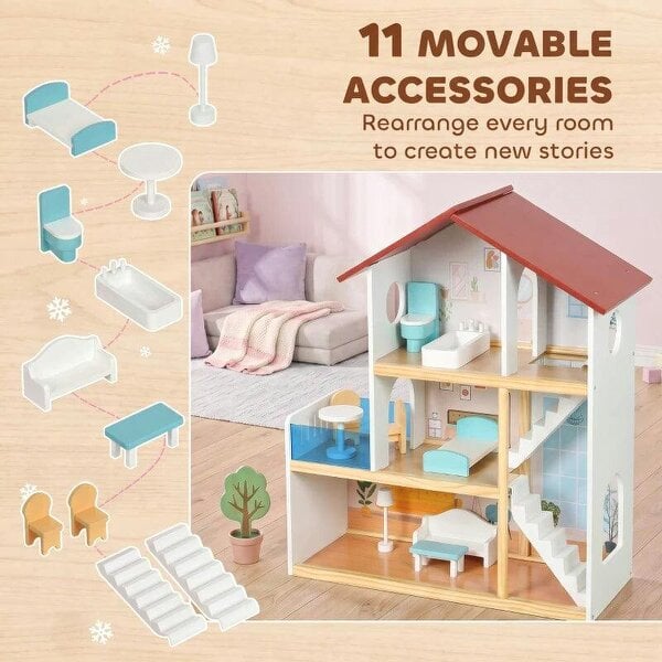 Kids Wooden Dolls House, 3-Story Dollhouse with 5 Rooms and 11 Accessories, Pretend Play Gift for Ages 3+, White