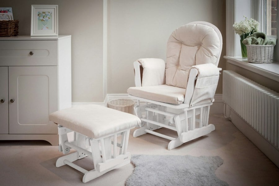 Haywood glider chair, white wood and light beige cushions