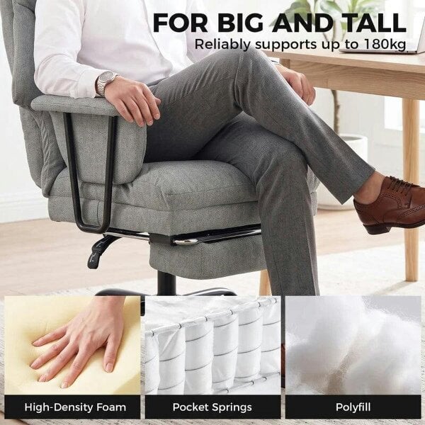 Office Chair, 180kg Heavy Duty Linen Computer Desk Chair with Lumbar Support, Wide Seat, Spring Cushion, Grey