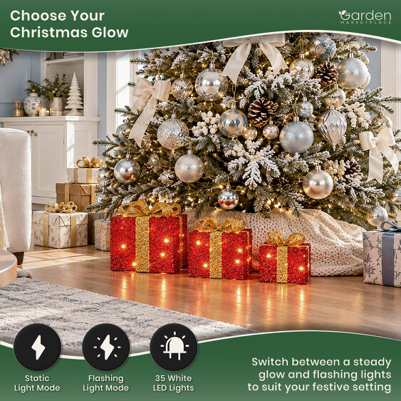 Set of 3 Light-Up Red Christmas Parcels with Gold Bows, 35 White LEDs, Static & Flash Modes, Battery Powered Chain Decoration