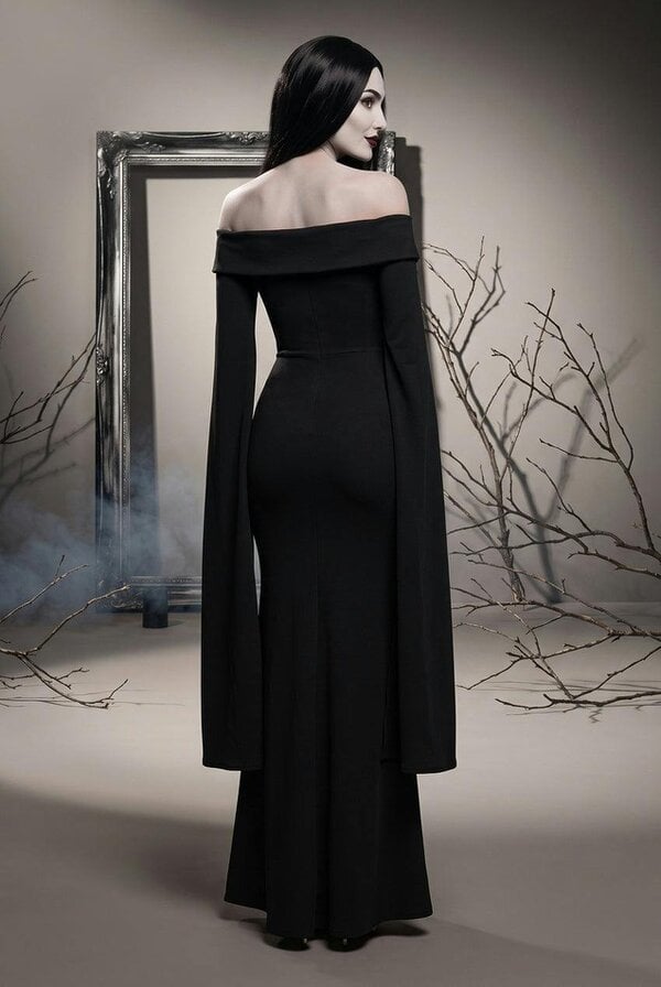 Goddiva Long Cape Sleeve Maxi Morticia Addams -Inspired Halloween Costume - Black by Goddiva