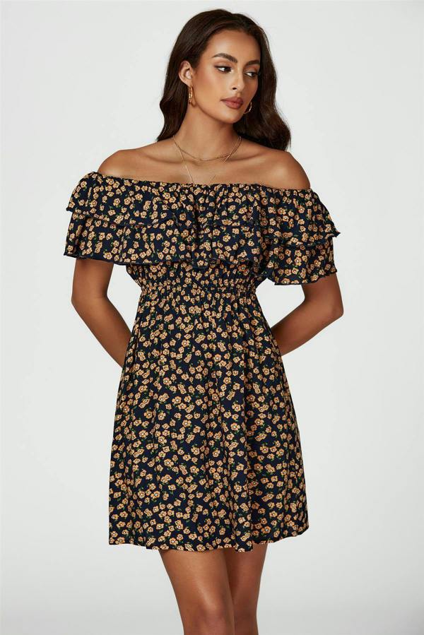 FS Collection Floral Print Bardot Frill Mini Dress In Navy