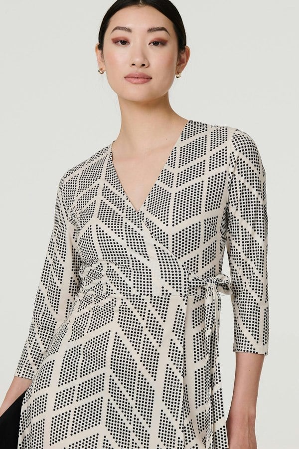 Cream | Printed 3/4 Sleeve Knee Length Wrap Dress
