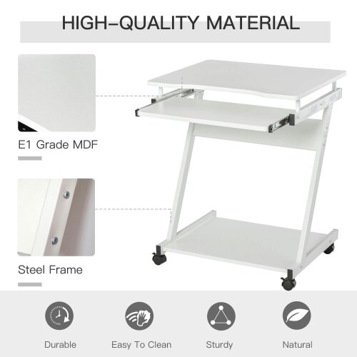 Wyld Haus Suel 60cm Wooden White Mobile Z Shaped Desk With Castor Wheels And Sliding Keyboard Tray