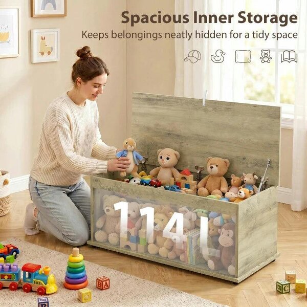 Large 114L Storage Chest Grey Wood Bench Trunk with Safety Lid for Bedroom Hallway and Living Room 100 x 40 x 40cm