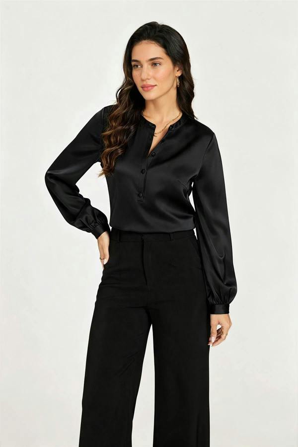 FS Collection Long Sleeve Satin Blouse Top In Black