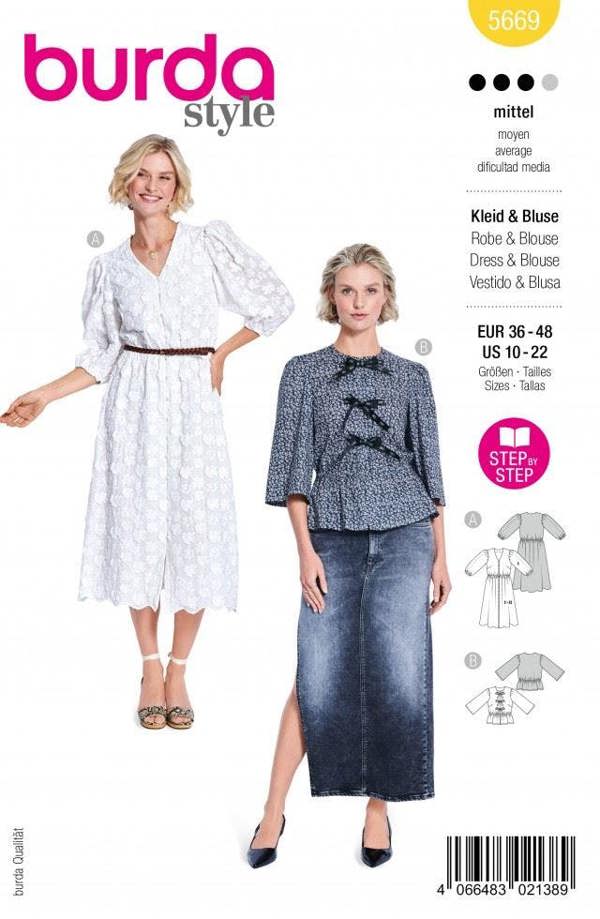 Burda Sewing Pattern 5669 Tops and Dresses For Women, 10 to 22 - Intermediate