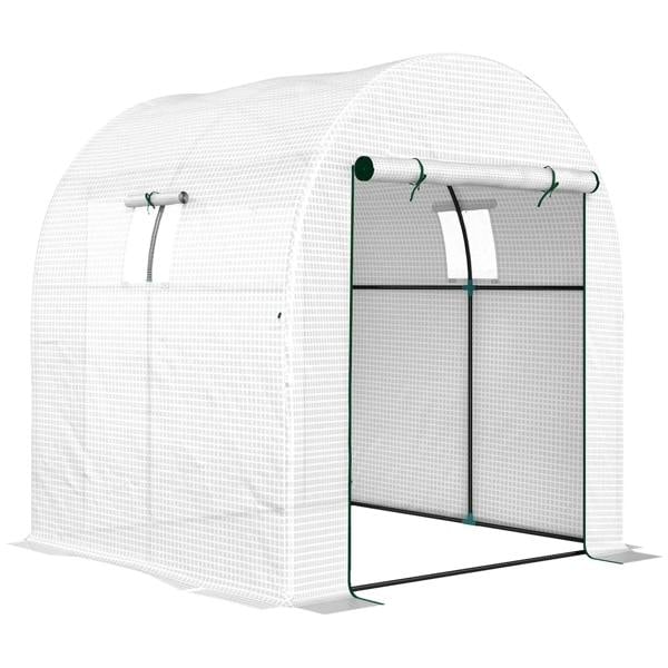 White walk-in polytunnel greenhouse with green metal frame and hinged double-door entrance