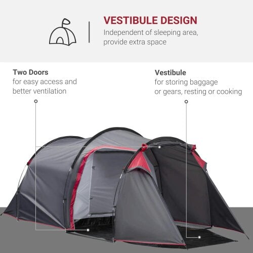 Bobobiy 2-3 Person Tunnel Tent with Sewn-in Groundsheet, 2000mm Water Column, Camping Tent with 1 Bedroom, Living Area for Camping, Grey