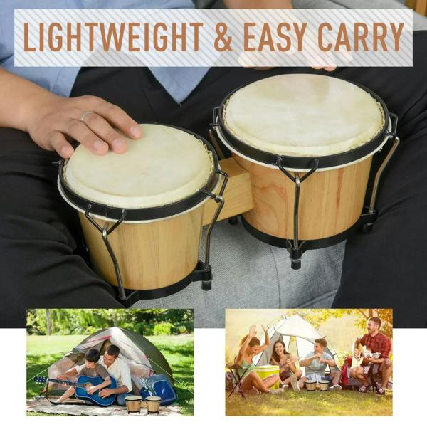 Two natural wood bongos with light drumheads held for carrying