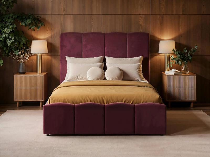 Enrica Upholstered Bed Frame with Padded Statement Headboard Burgundy Double
