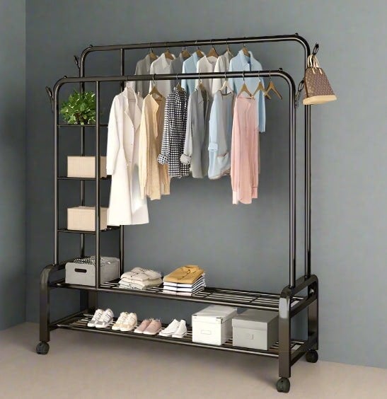 Modcraft Black Heavy Duty Double Clothes Rail with Wheels – Garment Hanging Rack & Storage Shelf