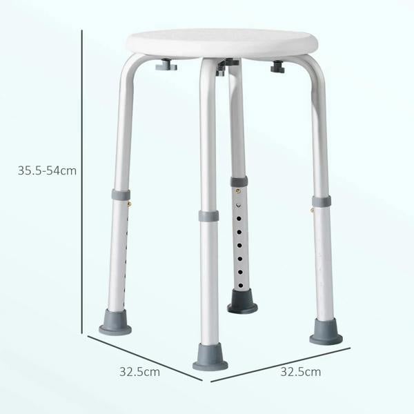 White shower stool with round seat, height-adjustment holes, and rubber feet