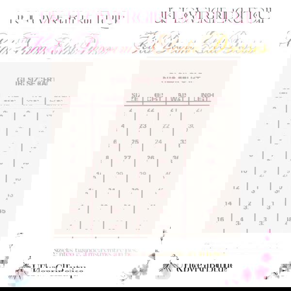 Size chart for girls' dresses by UK Flower Girl Boutique on a white background