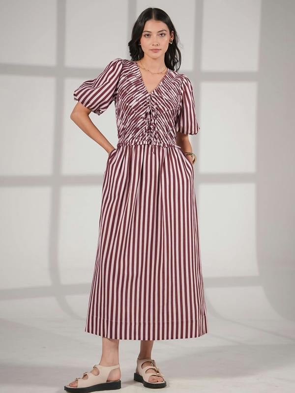 Rose & Nancy Isla Burgundy And Pink Stripe Cotton Linen Blend Dress
