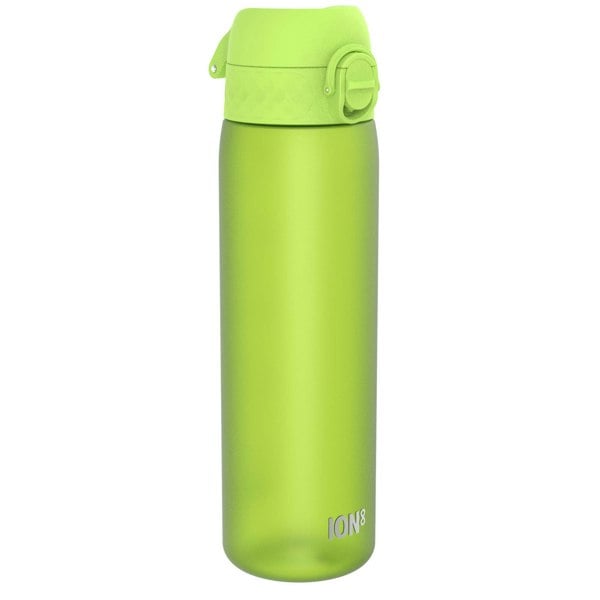 A lime-green water bottle stands upright against a white background. The bottle features a flip-top lid and the logo ION8.