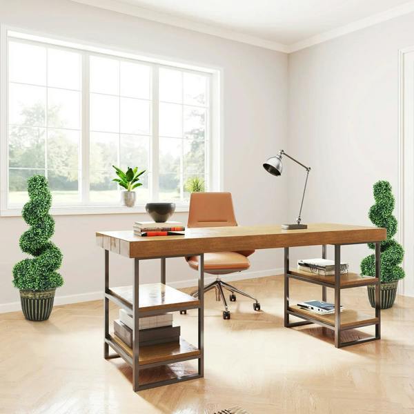Set of 2 artificial green spiral topiary trees in black ribbed pots for interior styling