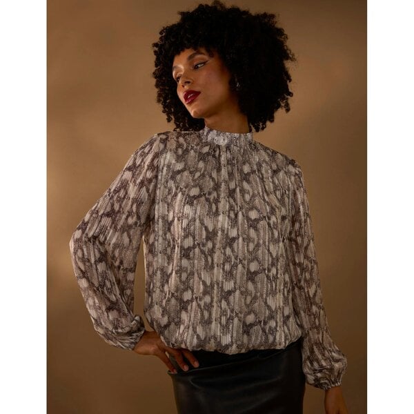 Blue Vanilla Rhinestone Studded Snake Print Blouse
