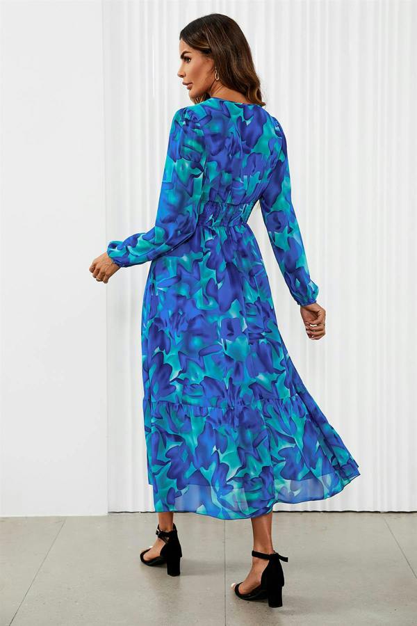 FS Collection Floral Print Long Sleeve Maxi Dress In Blue