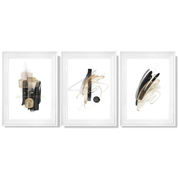 Set of 3 Abstract Black and Gold Fiesta Framed Art Prints with Glossy White Frames