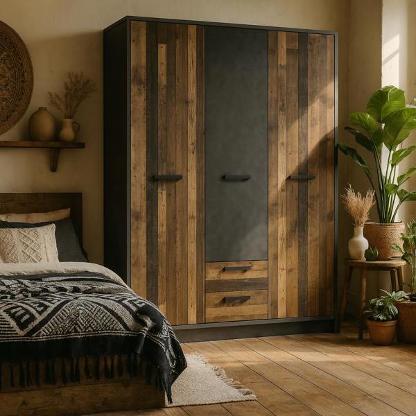 Wyld Haus Whimwick Walnut and Dark Matera Grey 3 Door Wardrobe 2 Drawers