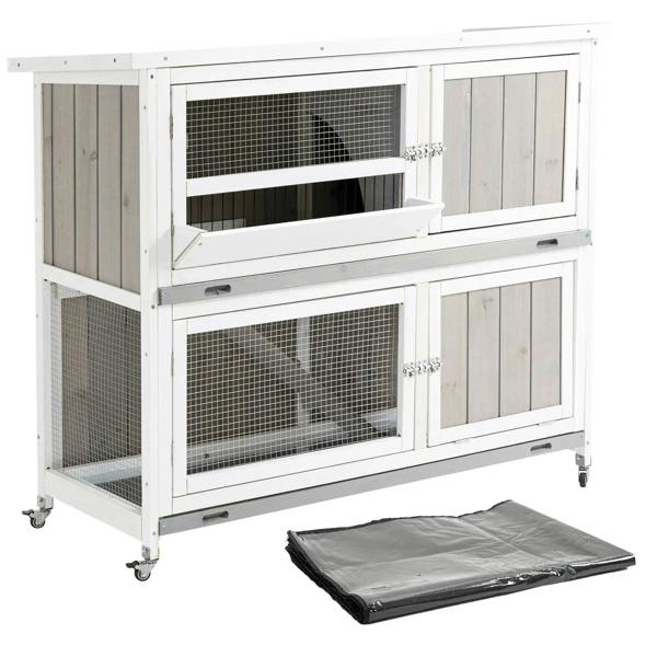 White two-tier wooden pet hutch with wire mesh doors; includes folded rain cover and wheels