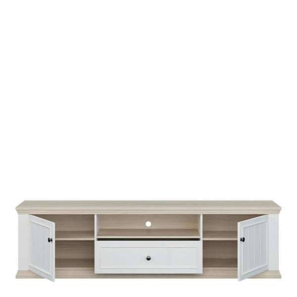 Furniture To Go Pontypool Wide TV Unit with 2 Doors, Drawer & Open Shelf in White and Riva Oak