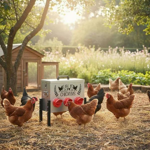 A group of chickens gathered around a  chicken coop with 'Life is Better with Chickens' sign in a garden setting