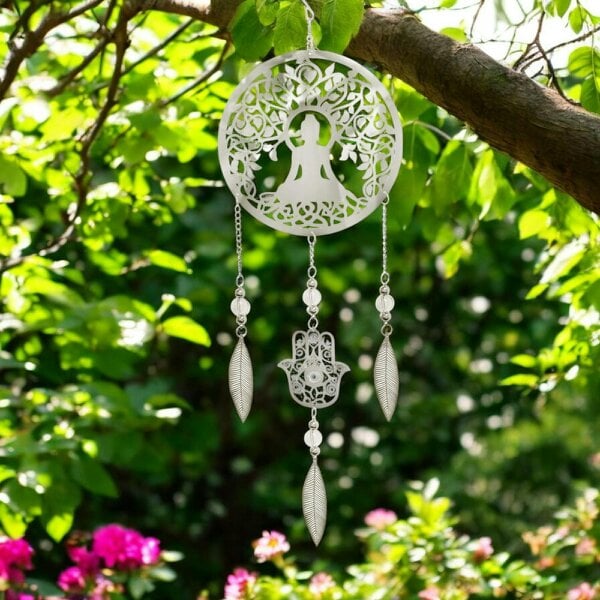 EDH Door Hardware Buddha Stainless Steel Hanging Dreamcatcher – 59cm x 18cm | Spiritual Wind Spinner for Indoor & Outdoor Use | Zen Garden, Meditation