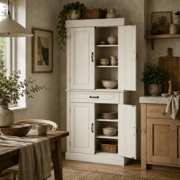 Wyld Haus Tokeri Wooden Cream White Tall Kitchen Pantry Cabinet 4 Doors And Storage Shelves