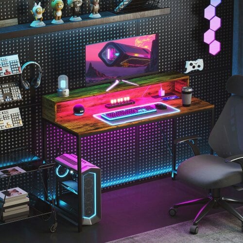 Wyld Haus Hanive 120cm Rustic Brown Gaming Desk With LED Lights Power Outlets And Monitor Stand