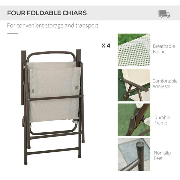 Folding patio chair with beige breathable fabric seat and durable metal frame